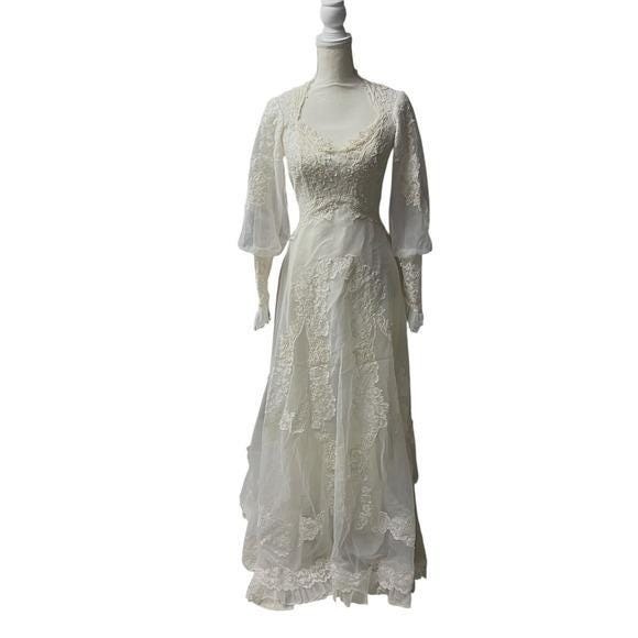 True Vintage 1970s Lace Wedding Gown – Sheer Bishop Sleeves & Chapel Train XS - Picture 7 of 16